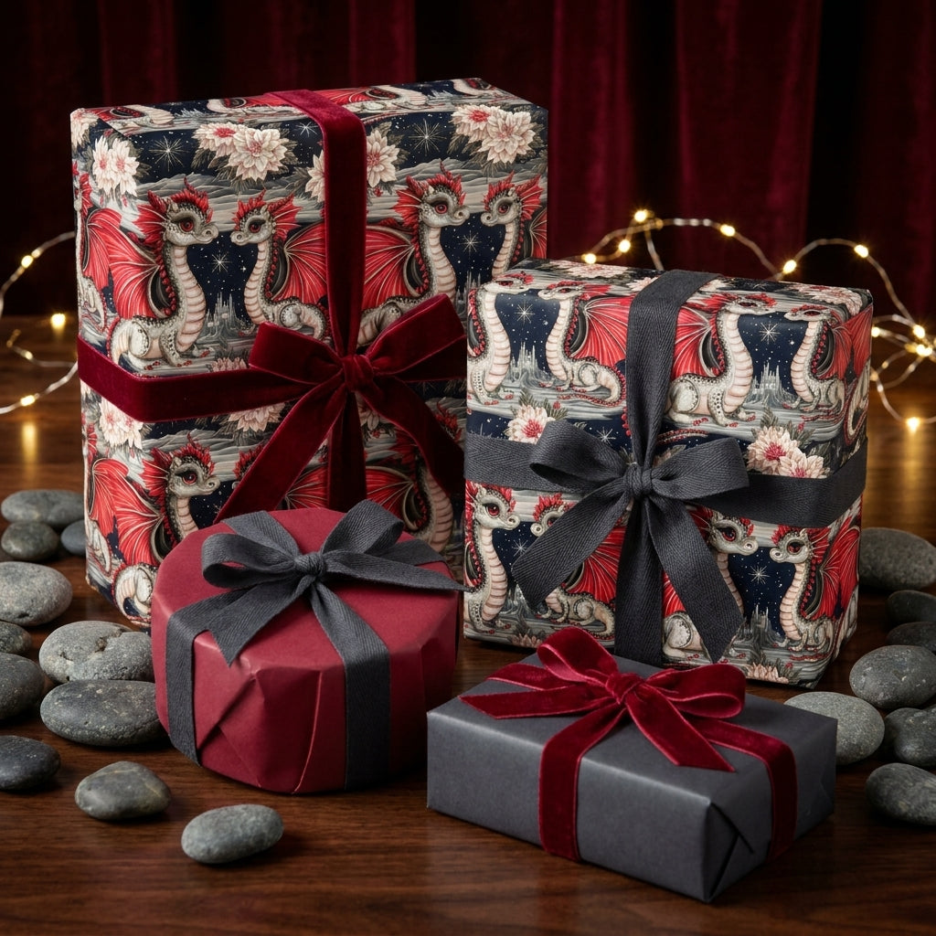 Luxury gothic dragon wrapping paper on gift boxes with velvet ribbons by Wrapped Studios.