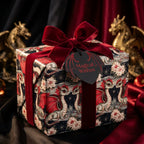 Gothic dragon wrapping paper with a red velvet bow on a luxury gift box by Wrapped Studios.