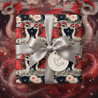 Cute red dragon wrapping paper with a silver ribbon and gift tag by Wrapped Studios.
