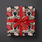 Fantasy dragon wrapping paper with white flowers and a red ribbon bow, by Wrapped Studios.