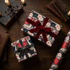 Fantasy dragon wrapping paper with velvet bows on gift boxes, by Wrapped Studios.