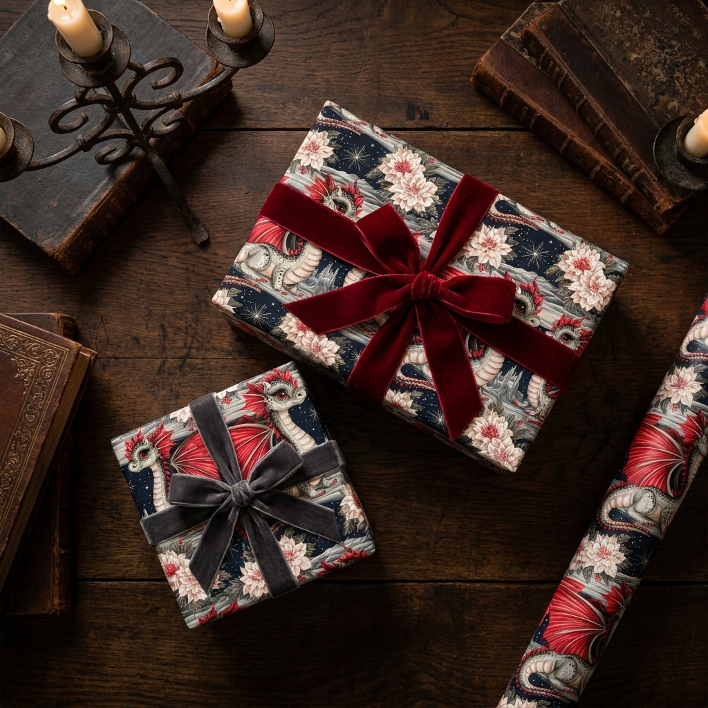 Fantasy dragon wrapping paper with velvet bows on gift boxes, by Wrapped Studios.