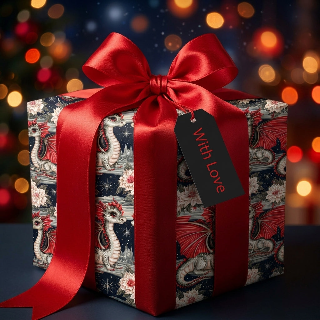 Fantasy dragon Christmas wrapping paper with a red satin bow on a gift box, by Wrapped Studios.