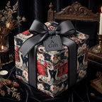 Fantasy dragon wrapping paper with a grey bow on a luxury gothic gift box by Wrapped Studios.