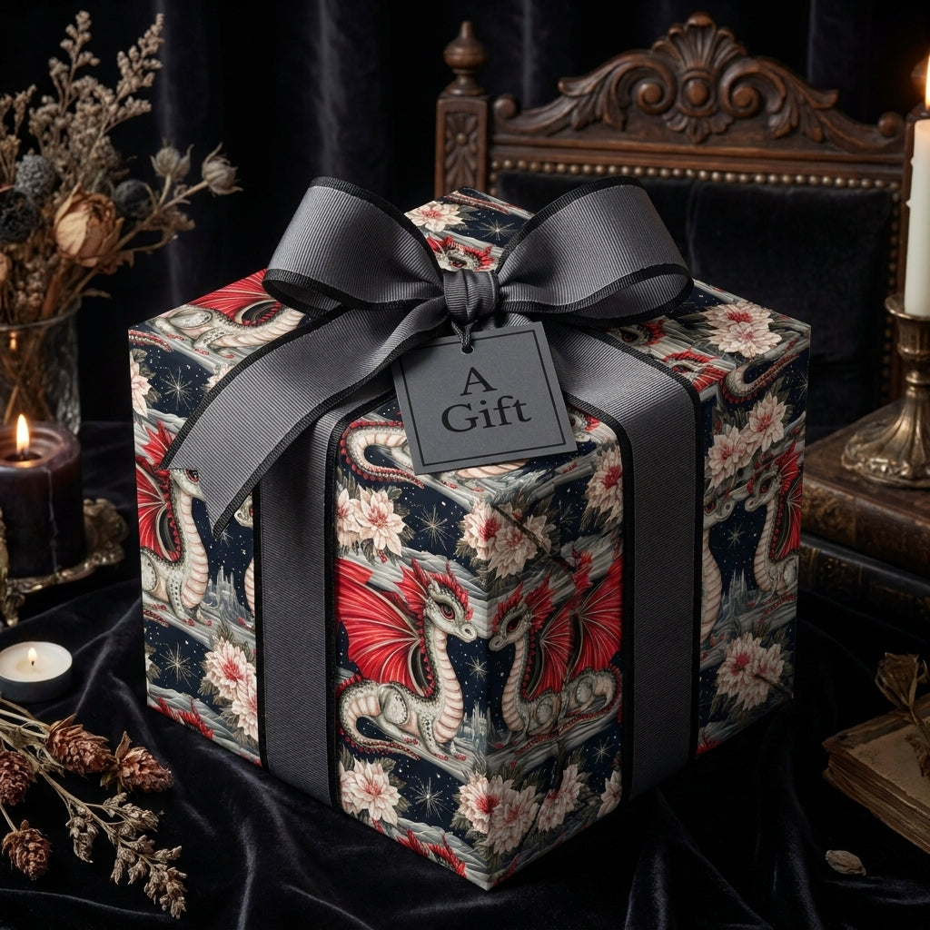Fantasy dragon wrapping paper with a grey bow on a luxury gothic gift box by Wrapped Studios.