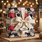 Whimsical dragon birthday wrapping paper with cream ribbon and star tag by Wrapped Studios.