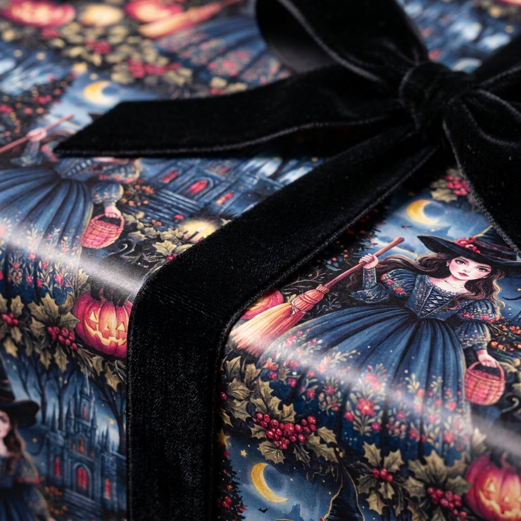 Gothic witch Halloween wrapping paper with a luxury black velvet bow by Wrapped Studios.