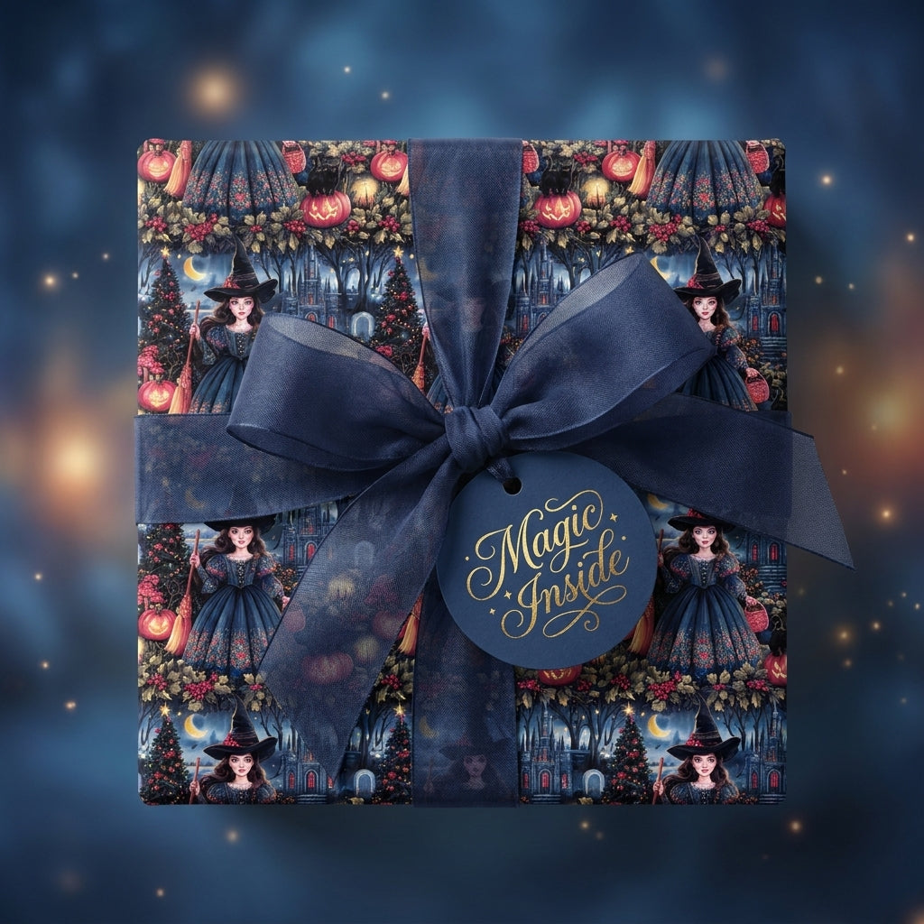 Witch Halloween gift wrap with a navy blue ribbon and "Magic Inside" tag by Wrapped Studios.