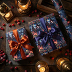 Gothic witch Halloween wrapping paper with orange and purple satin bows by Wrapped Studios.