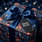 Spooky Halloween wrapping paper with a witch design, navy satin bow, and coffin tag by Wrapped Studios.