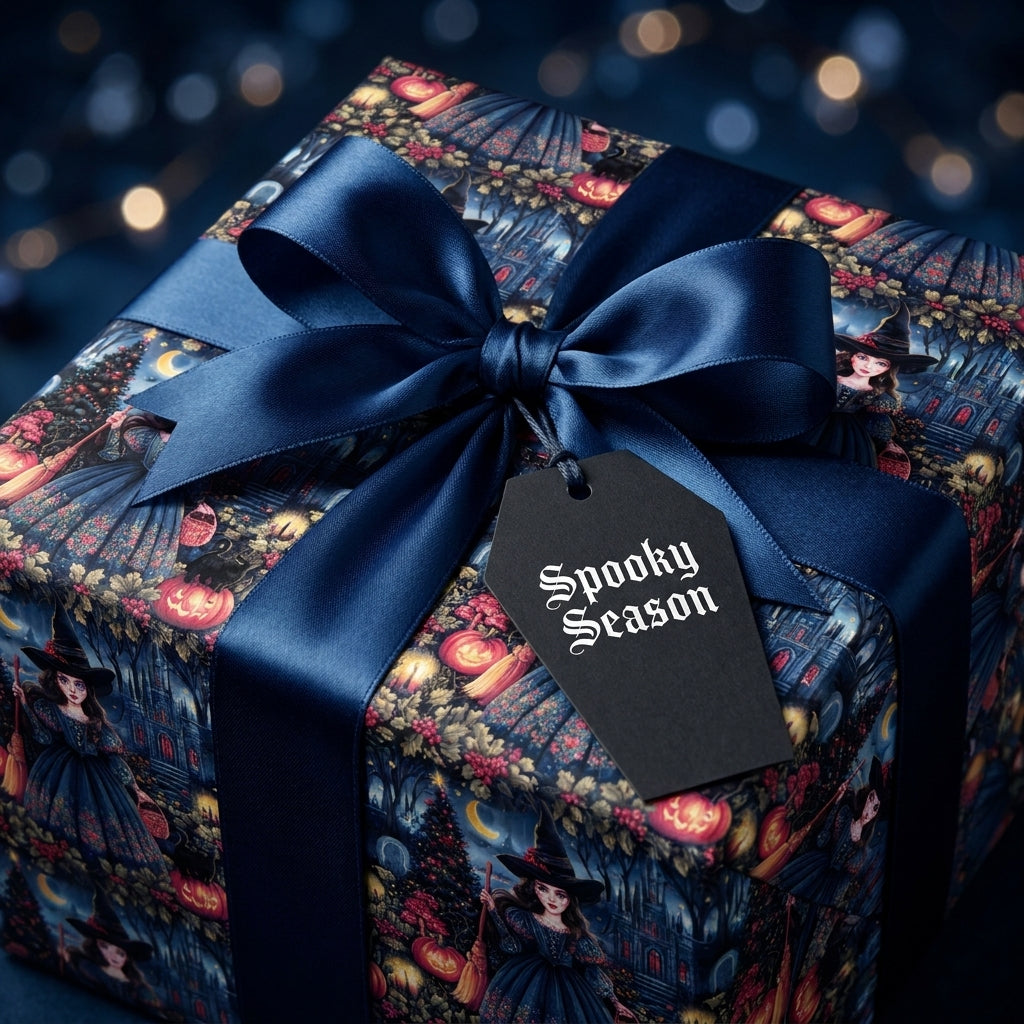 Spooky Halloween wrapping paper with a witch design, navy satin bow, and coffin tag by Wrapped Studios.