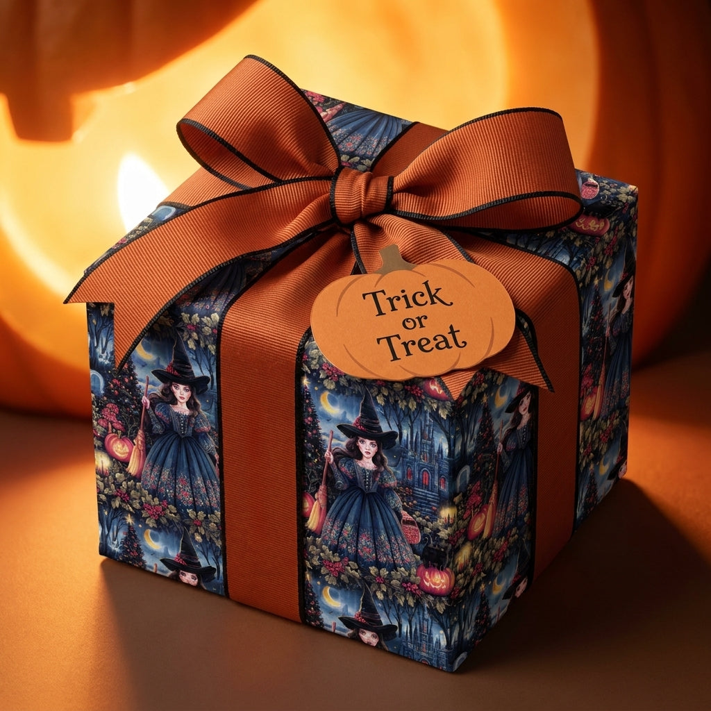 Halloween wrapping paper with a vintage witch pattern and orange bow on a gift box by Wrapped Studios.