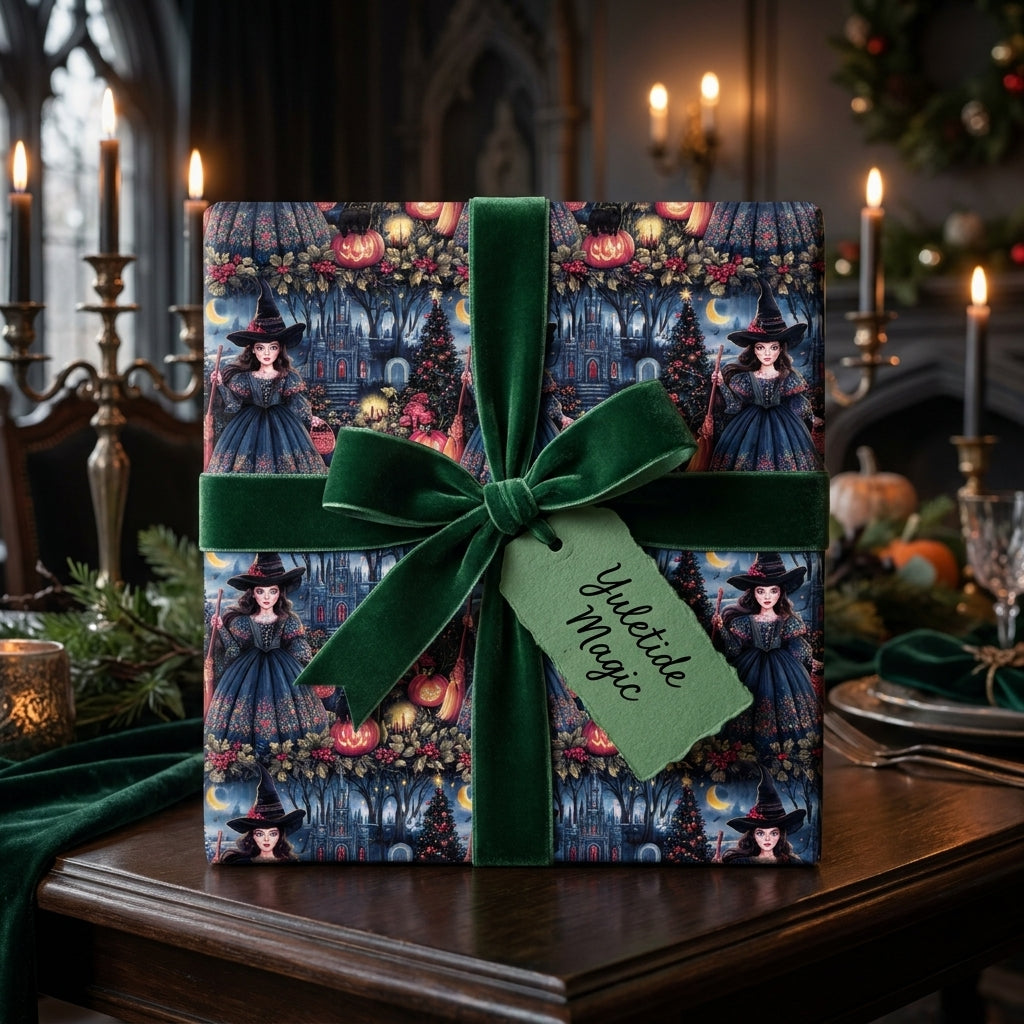 Witchy gothic Christmas wrapping paper with a green velvet bow by Wrapped Studios.
