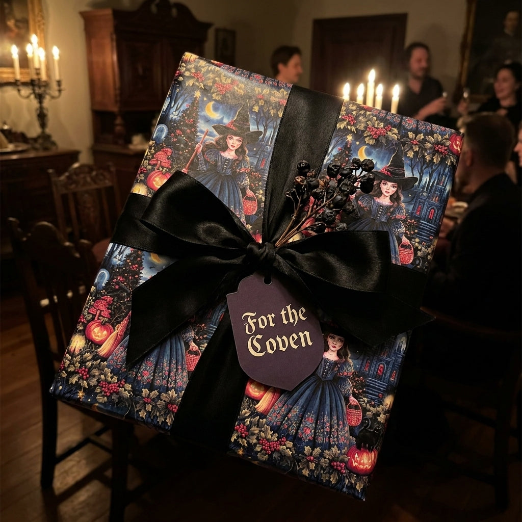 Gothic witchy wrapping paper with a black satin bow and Coven gift tag by Wrapped Studios.