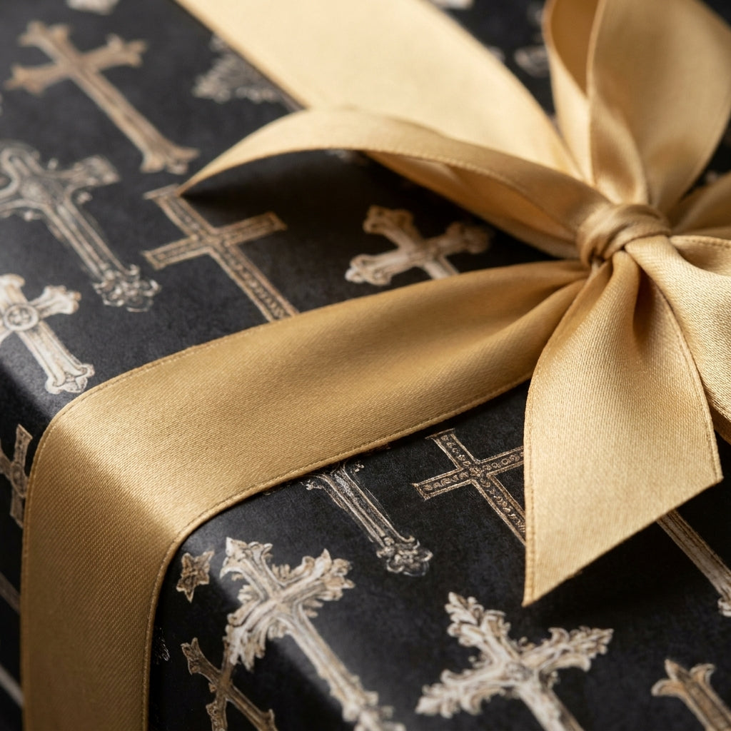 Elegant black and gold cross wrapping paper with a satin ribbon for baptism by Wrapped Studios.