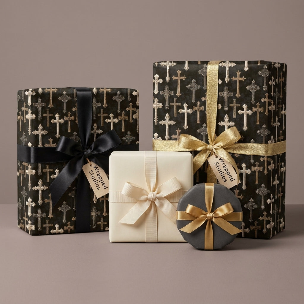 Elegant Christian cross wrapping paper in black and gold with satin ribbons by Wrapped Studios.