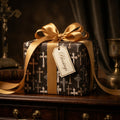 Christian cross wrapping paper with gold satin bow and Blessings tag by Wrapped Studios.