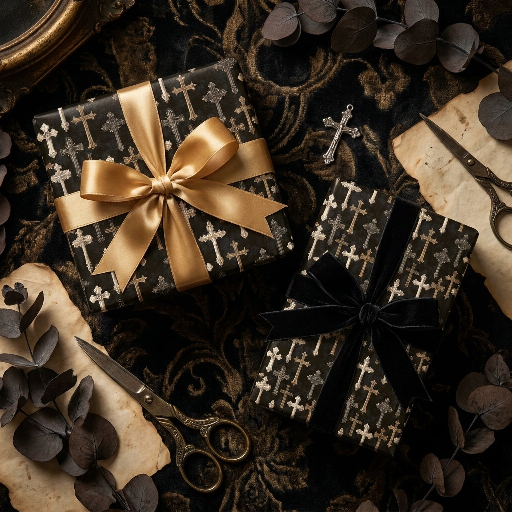Gothic cross wrapping paper with elegant gold and velvet bows by Wrapped Studios.