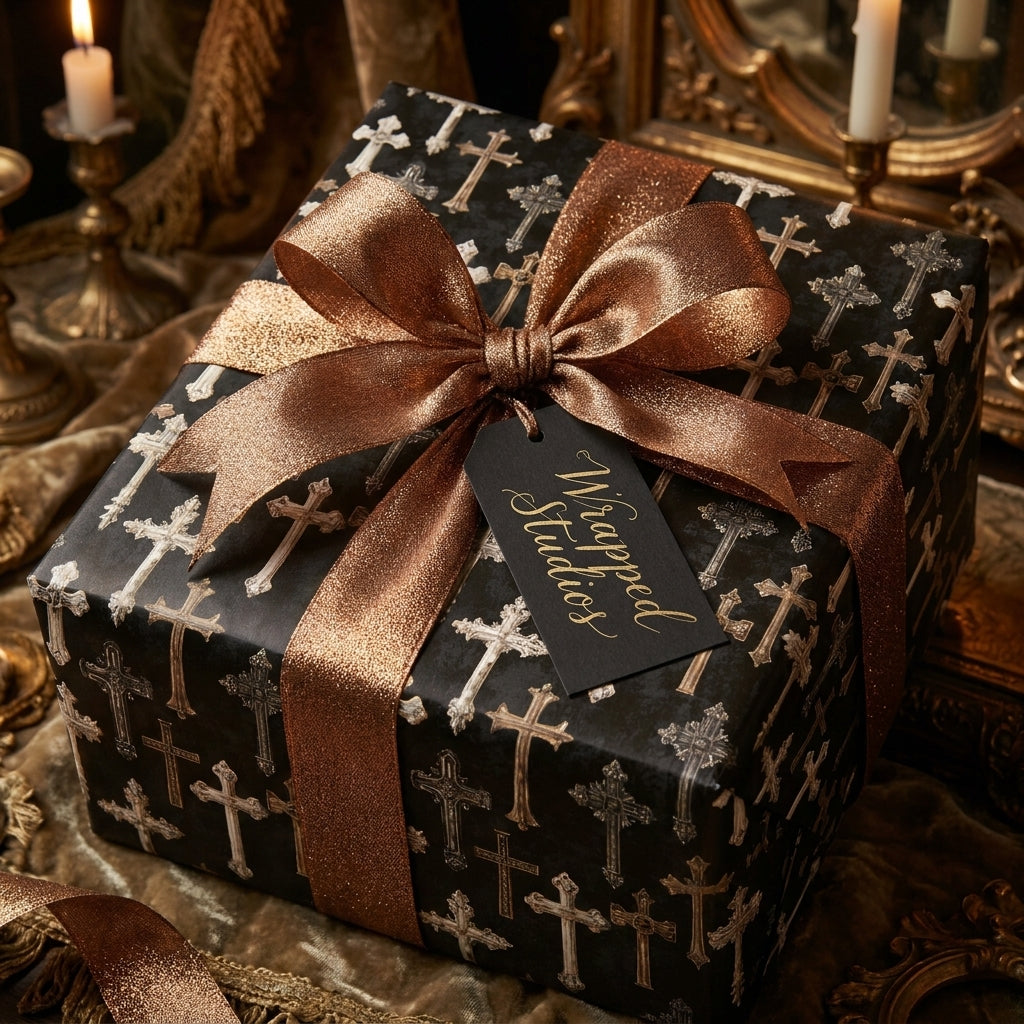 Luxury gothic cross wrapping paper with a metallic bronze bow by Wrapped Studios.