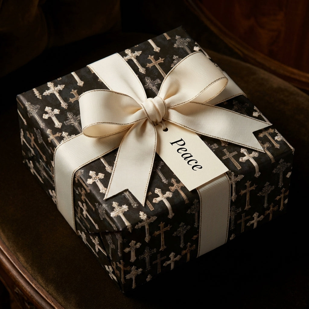 Luxury Christian wrapping paper with vintage cross pattern and cream ribbon bow by Wrapped Studios.