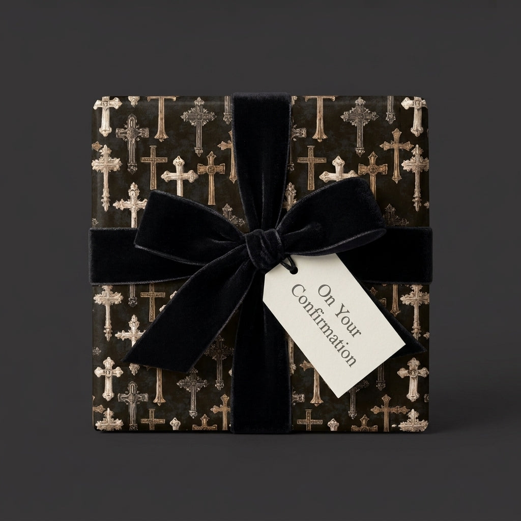 Religious confirmation wrapping paper with gothic gold crosses and a black velvet bow by Wrapped Studios.
