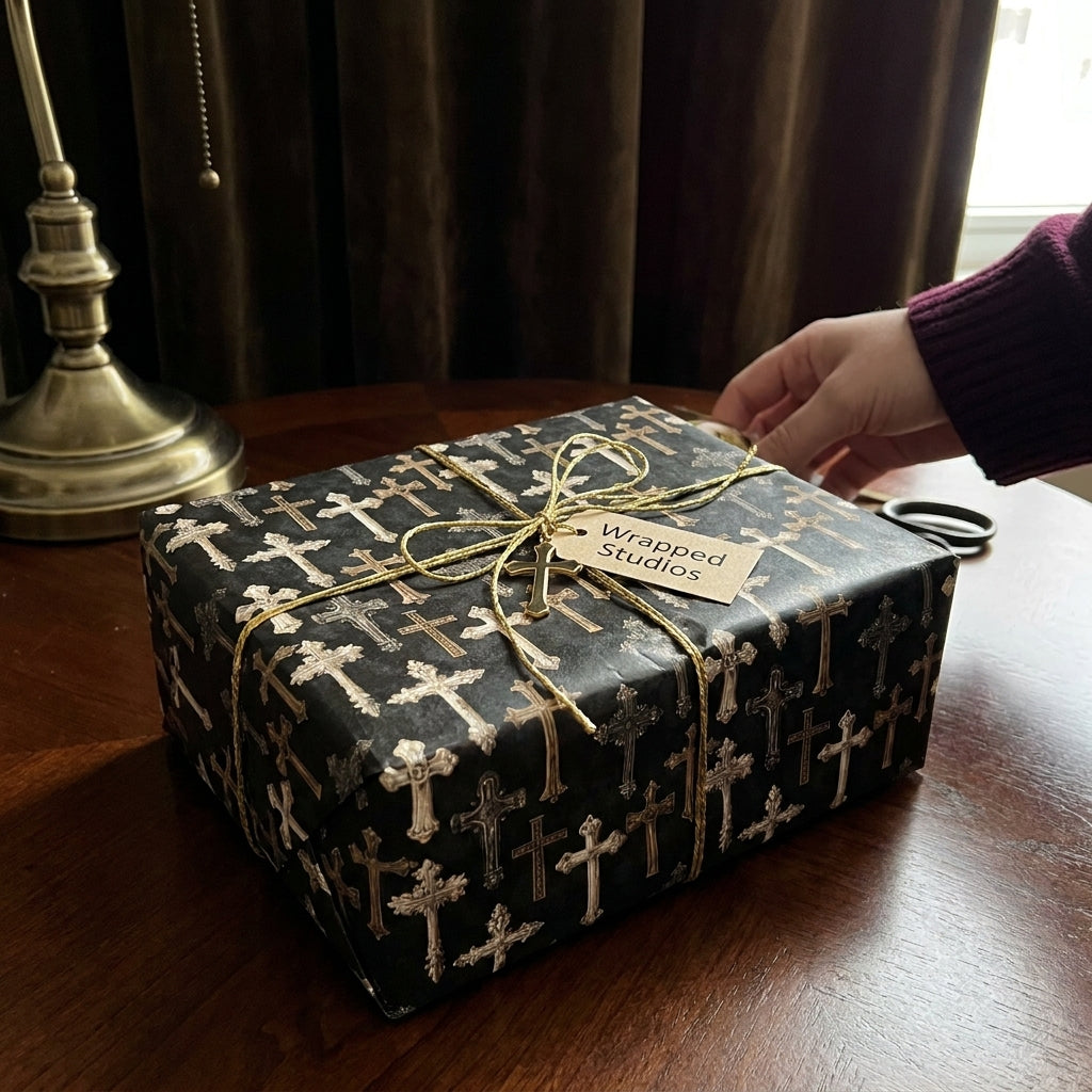 Black Christian cross wrapping paper on a gift box with gold twine, by Wrapped Studios.