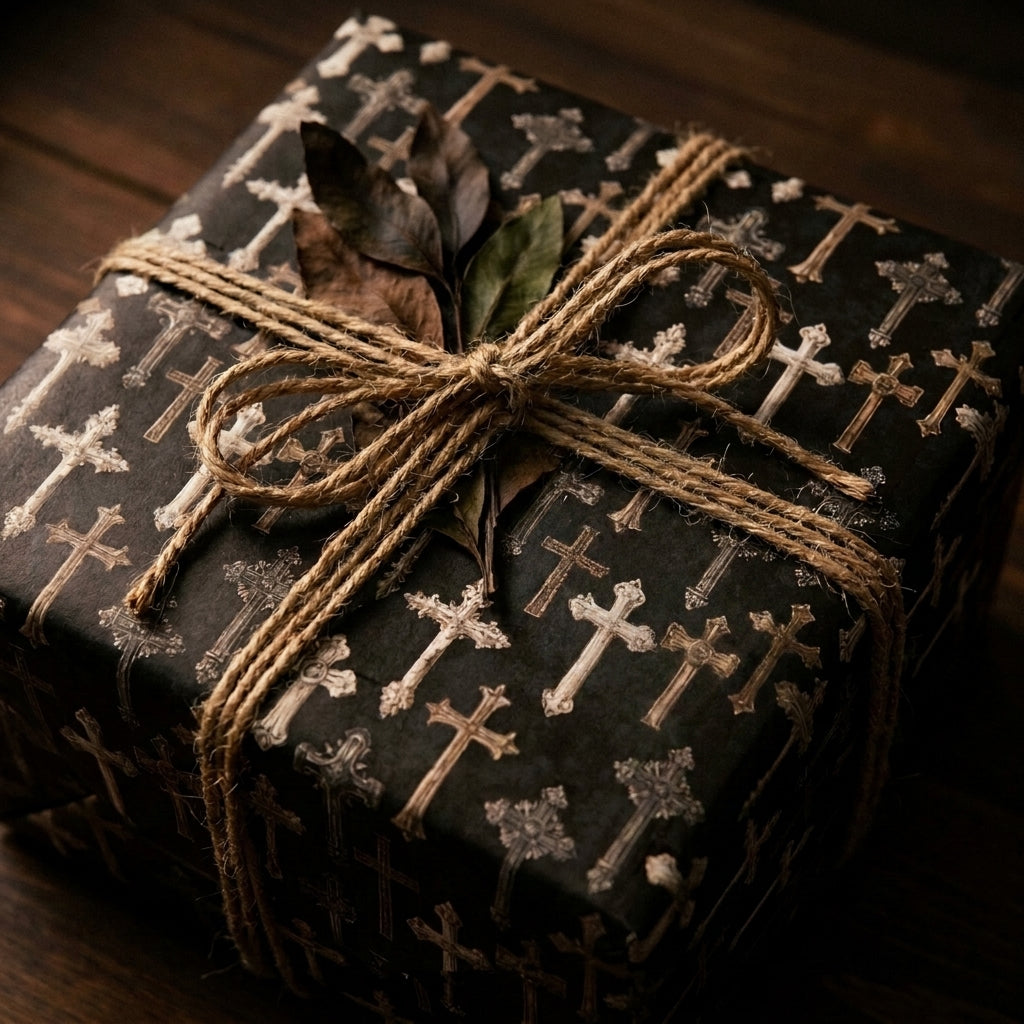 Gothic cross wrapping paper with a rustic twine bow, religious gift wrap by Wrapped Studios.