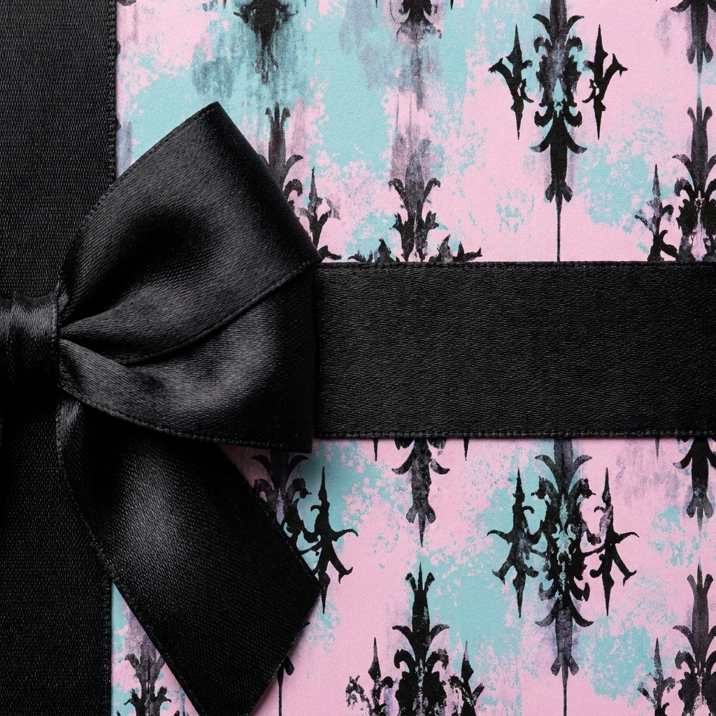 Pink and teal pastel goth wrapping paper with a black damask design and satin bow by Wrapped Studios.