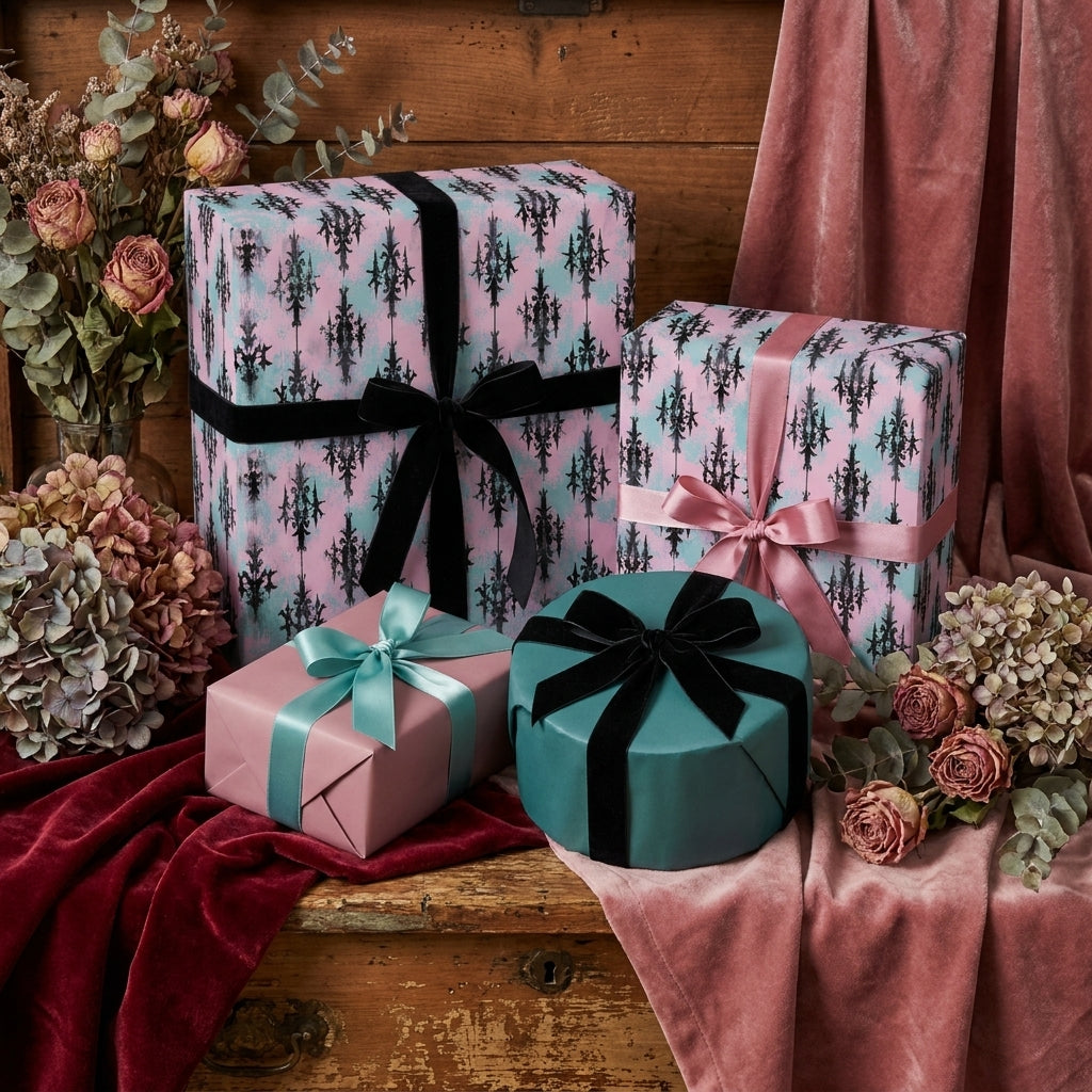 Gothic pink and teal damask luxury wrapping paper with elegant velvet ribbons by Wrapped Studios.