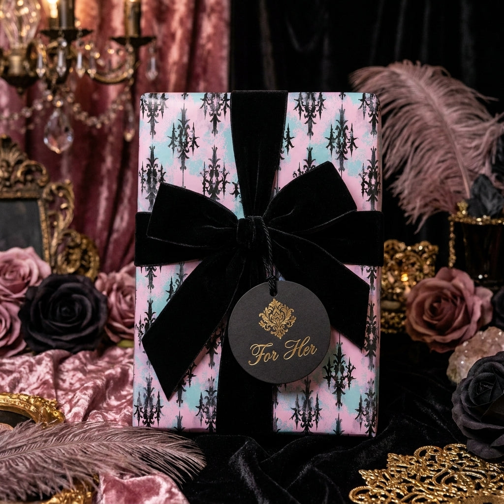 Gothic pink and black damask luxury wrapping paper with a velvet bow by Wrapped Studios.