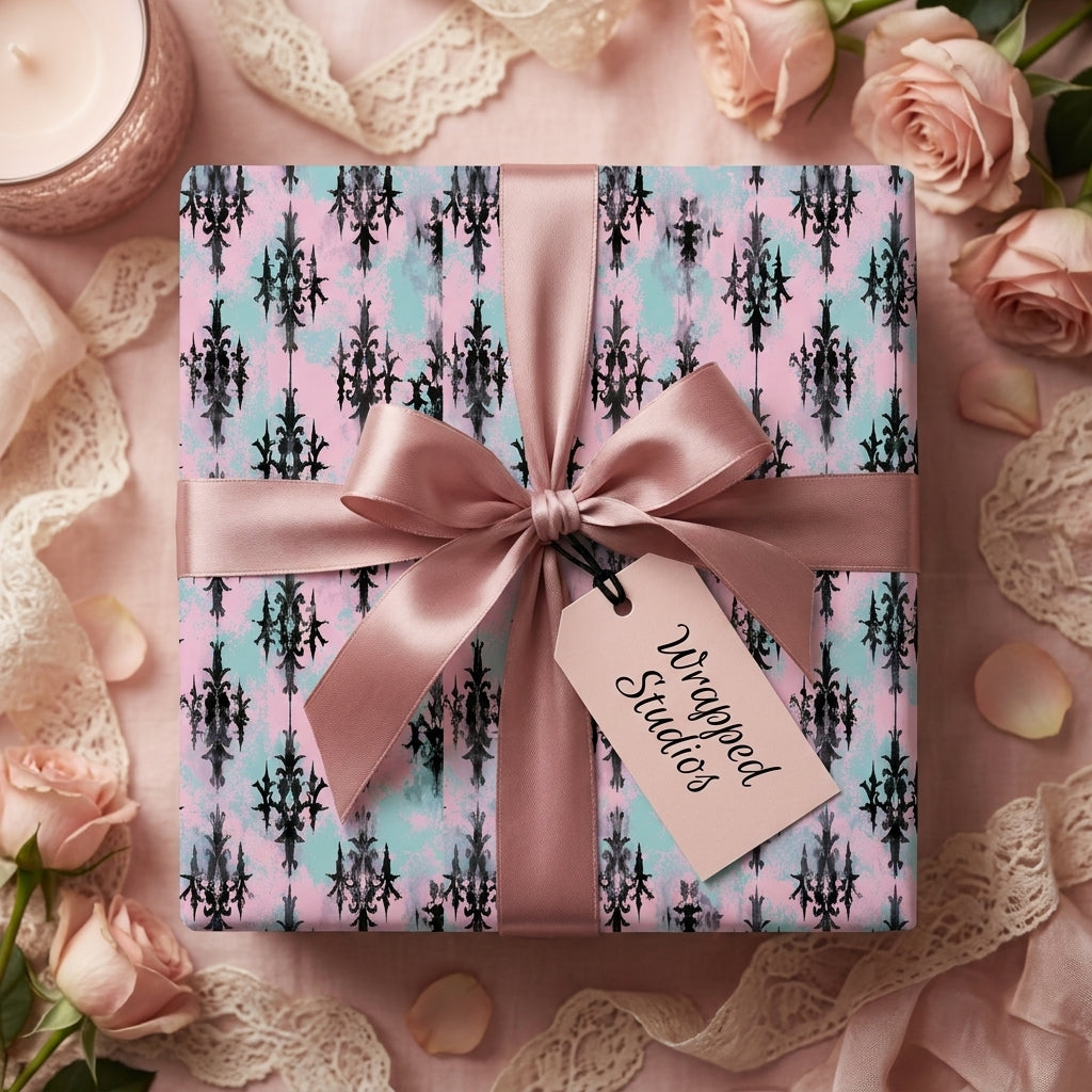 Pink and blue gothic damask luxury wrapping paper with a satin ribbon bow, by Wrapped Studios.