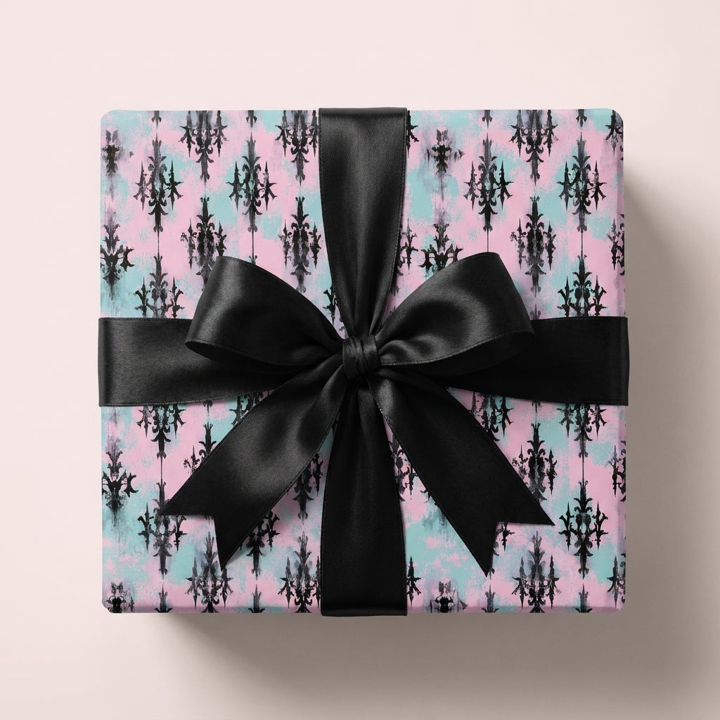 Pink and mint pastel goth wrapping paper with black damask pattern and bow by Wrapped Studios.