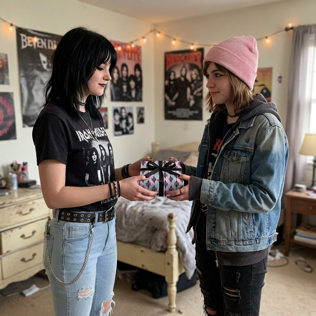 Friends exchange a present in pastel goth wrapping paper with black damask by Wrapped Studios.