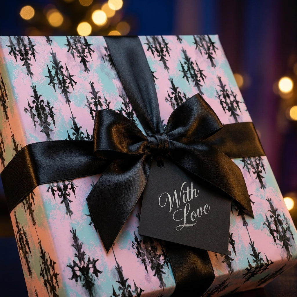 Elegant pastel goth wrapping paper with black damask print and a satin bow by Wrapped Studios.