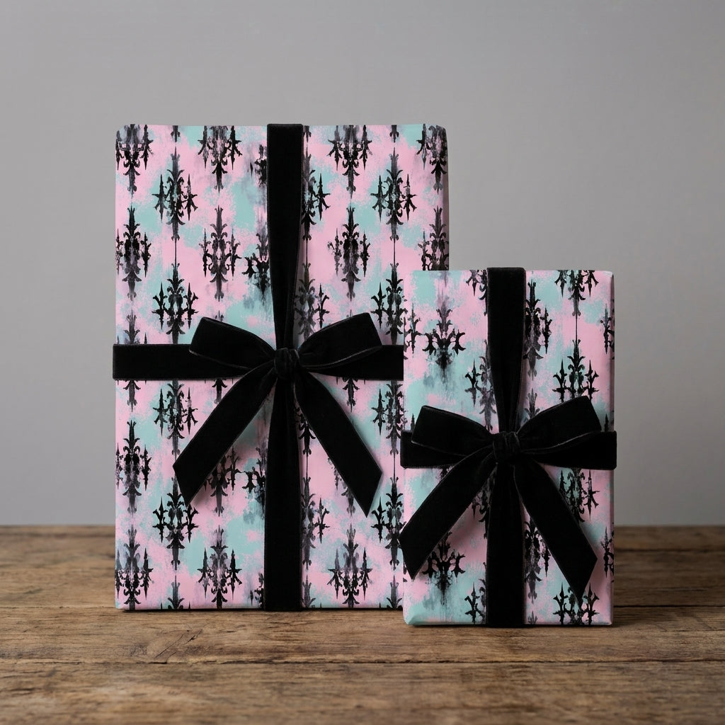 Luxury gothic damask wrapping paper in pink and mint with black velvet ribbons by Wrapped Studios.