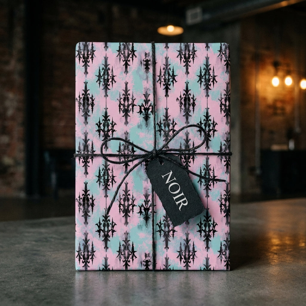 Pastel goth wrapping paper in pink and mint green damask design by Wrapped Studios, tied with black twine.
