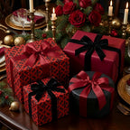 Elegant red and black damask Christmas gift wrap on luxury holiday presents by Wrapped Studios.