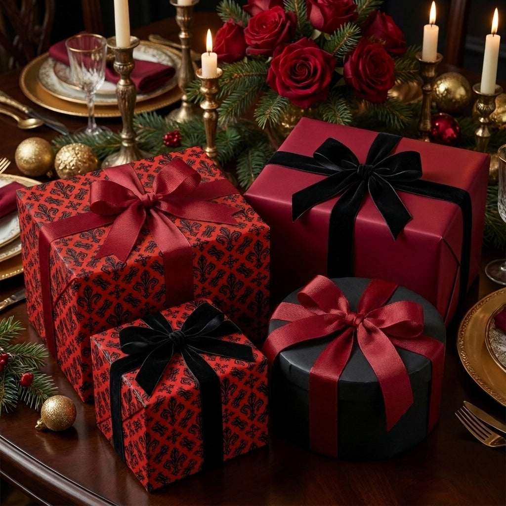 Elegant red and black damask Christmas gift wrap on luxury holiday presents by Wrapped Studios.