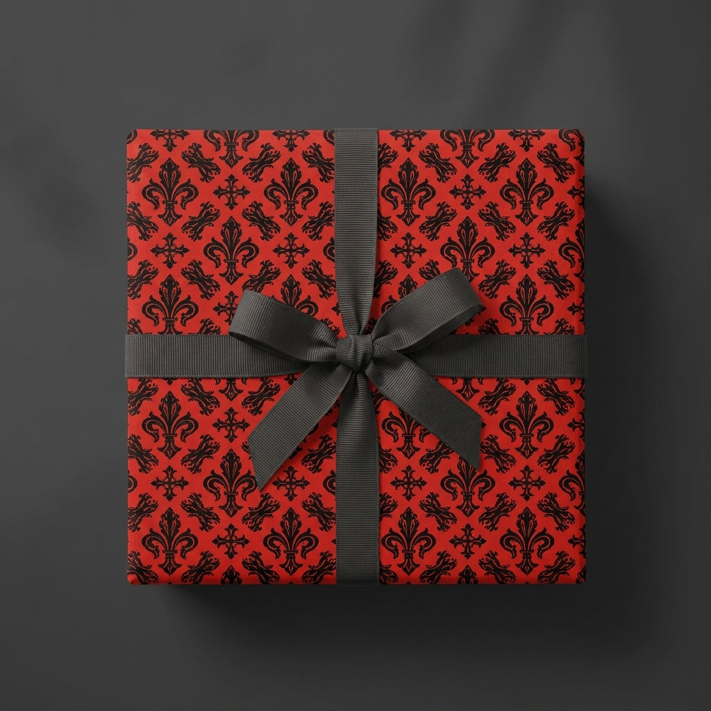 Luxury gothic wrapping paper with red and black fleur-de-lis pattern and black bow by Wrapped Studios.