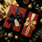 Luxury red and black fleur-de-lis Christmas wrapping paper with satin bows by Wrapped Studios.