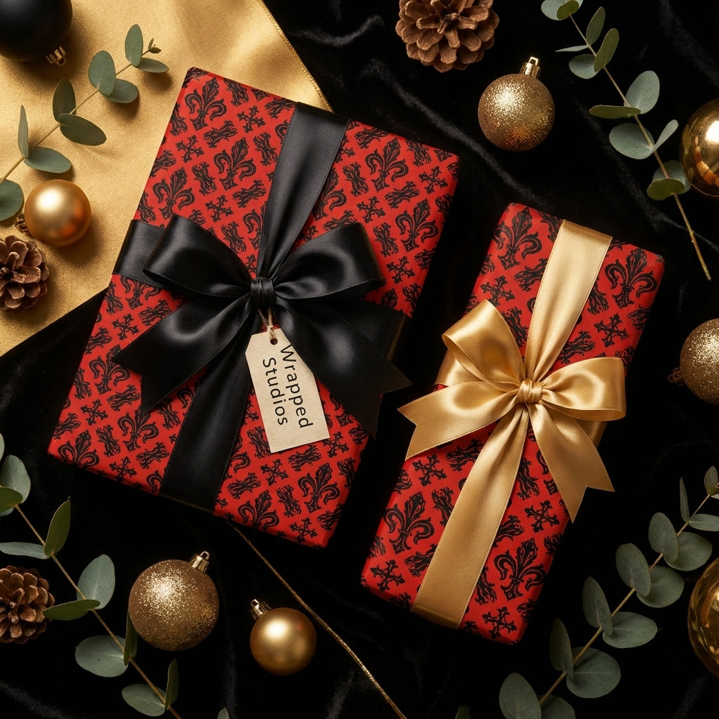 Luxury red and black fleur-de-lis Christmas wrapping paper with satin bows by Wrapped Studios.