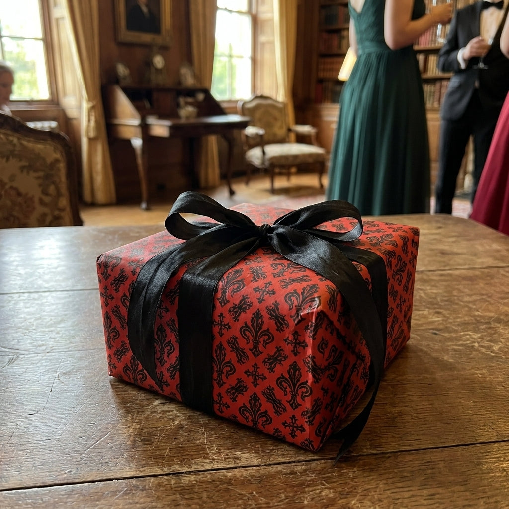 Gothic luxury gift wrap in red and black with a black satin bow on a table, by Wrapped Studios.