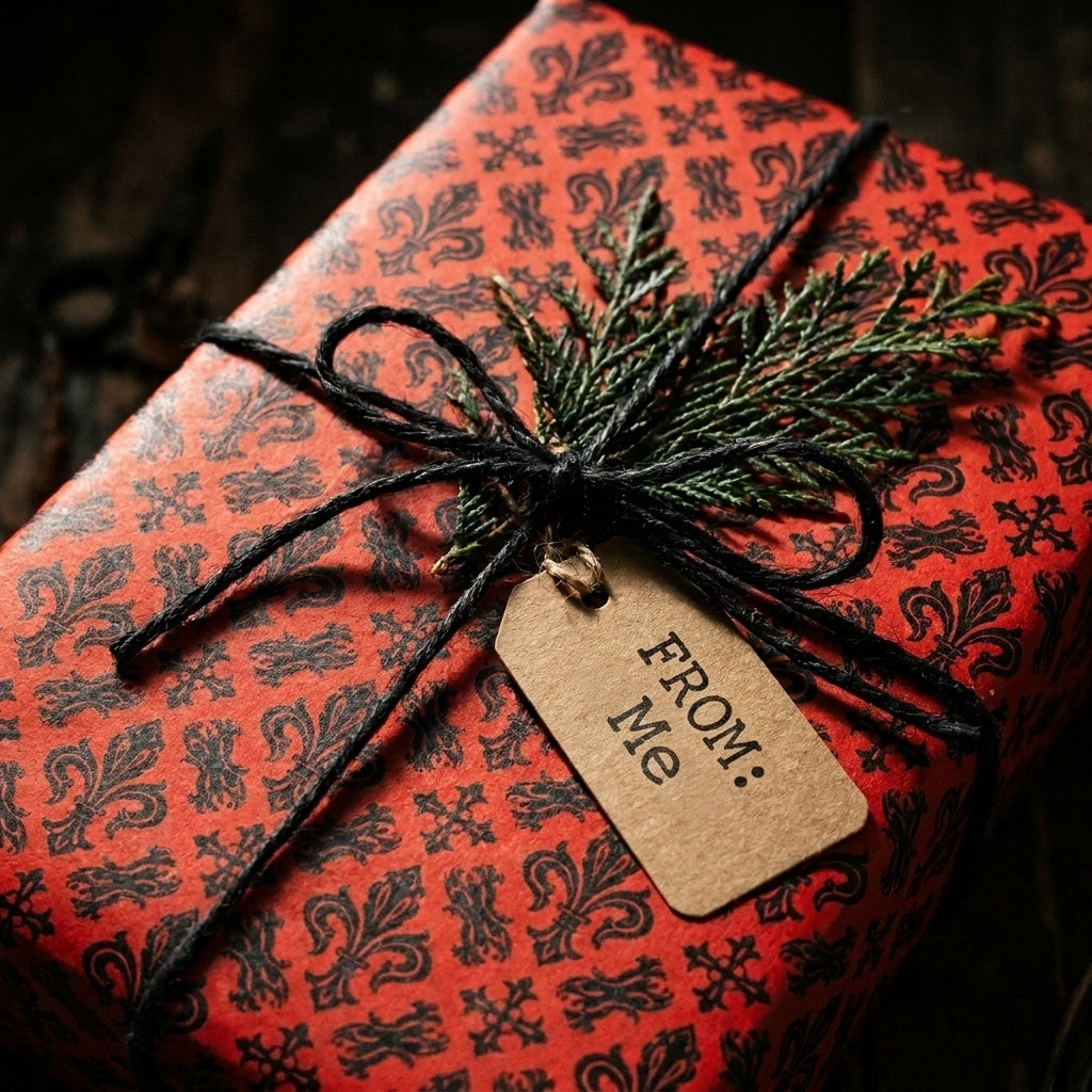 Red and black gothic holiday wrapping paper with twine bow and pine sprig by Wrapped Studios.