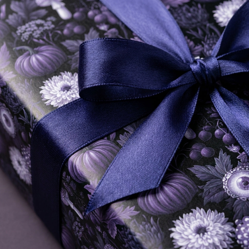 Gothic purple floral wrapping paper with pumpkins and a navy satin ribbon bow by Wrapped Studios.