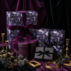 Elegant gothic wrapping paper in dark purple with mushrooms and pumpkins on gifts by Wrapped Studios.