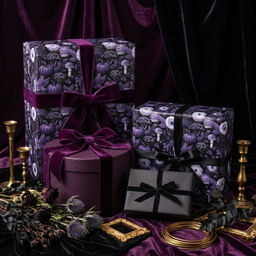 Elegant gothic wrapping paper in dark purple with mushrooms and pumpkins on gifts by Wrapped Studios.