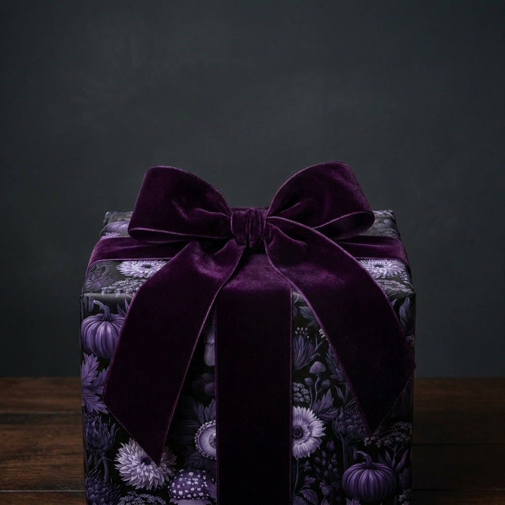 Gothic wrapping paper with purple floral and pumpkin patterns, tied with a velvet bow by Wrapped Studios.