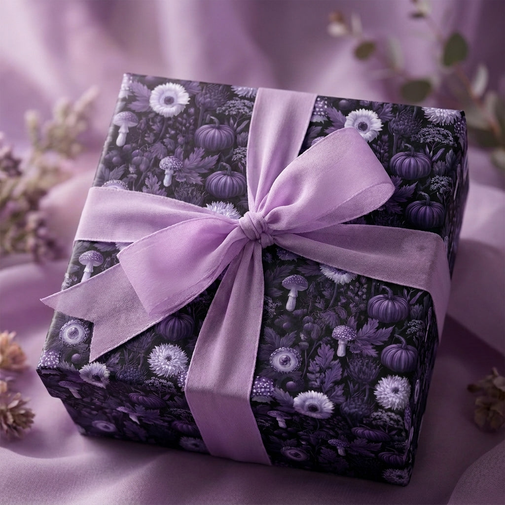 Luxury purple floral wrapping paper with pumpkins and mushrooms, tied with a lavender bow by Wrapped Studios.