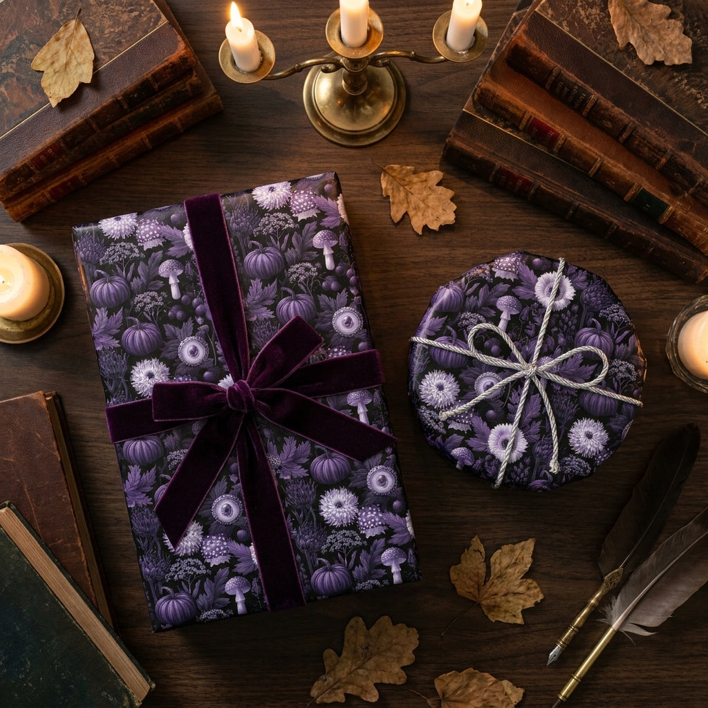 Dark floral wrapping paper with purple mushrooms and velvet ribbon on gothic gifts by Wrapped Studios.