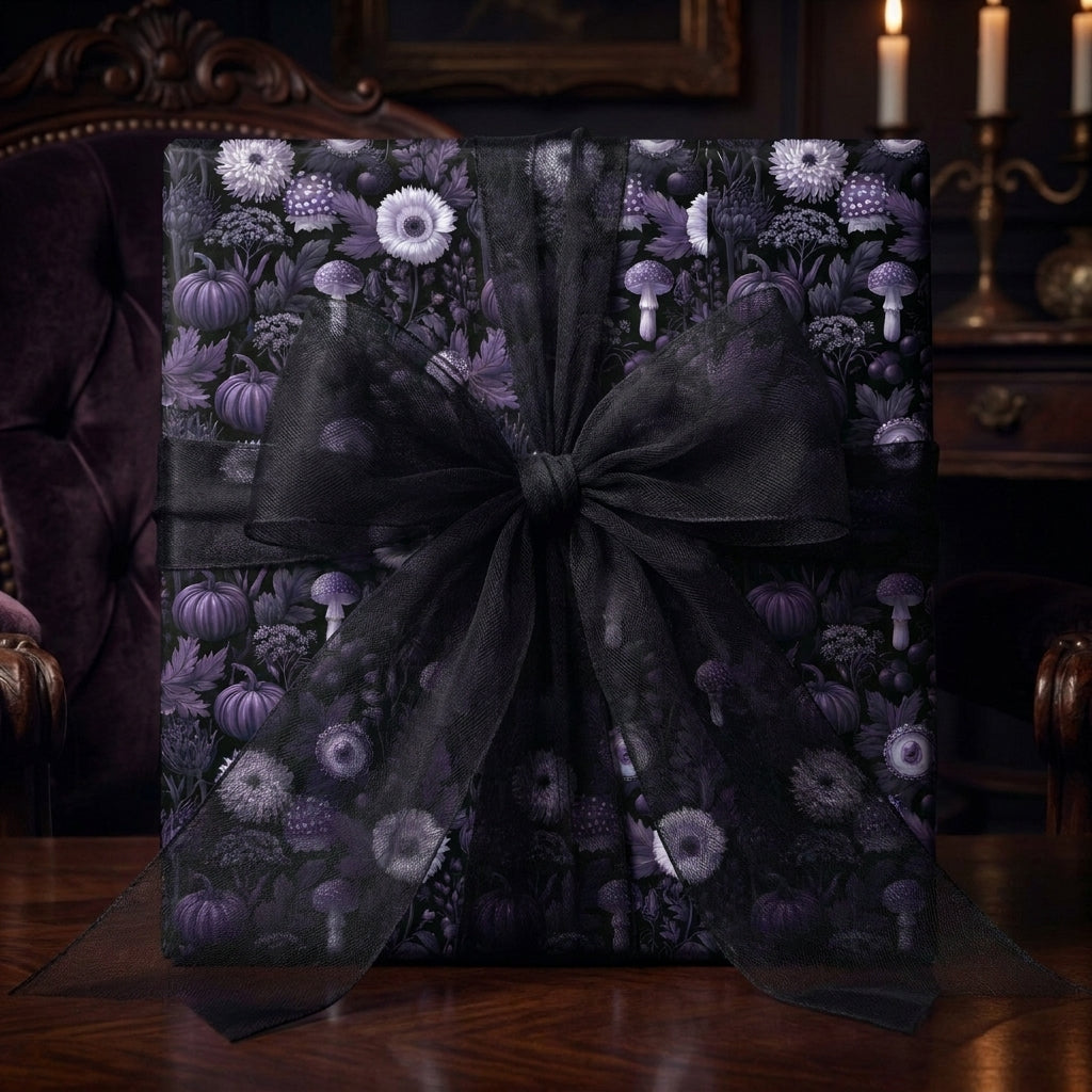 Gothic wrapping paper with purple pumpkins, mushrooms, and a large black bow by Wrapped Studios.
